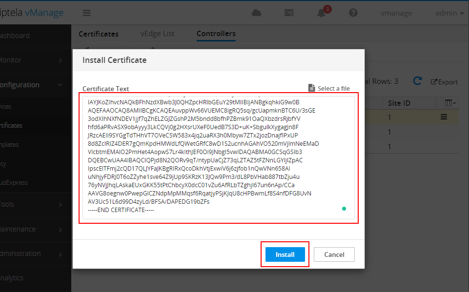 Paste the certificate into vManage