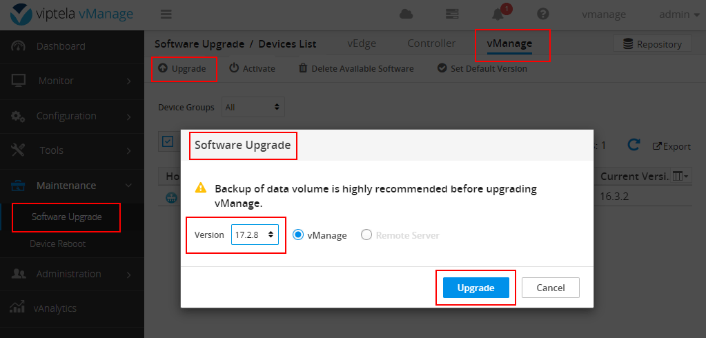 Upgrading vManage