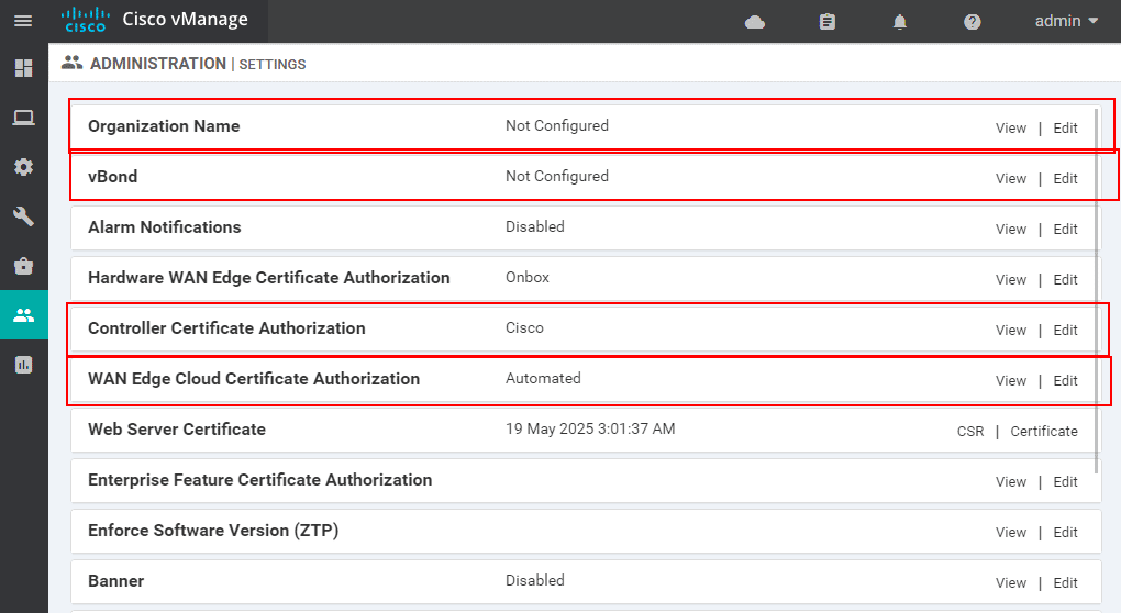 vManage Initial Settings